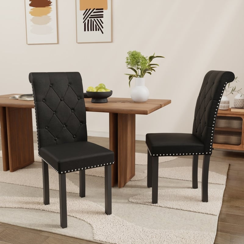 High-Back Tufted Nailhead Upholstered Dining Chairs (Set of 8) - Black Linen Set of 2