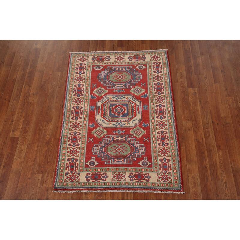 Kazak Foyer Rug Hand-Knotted Wool Carpet - 3'3" x 4'6"