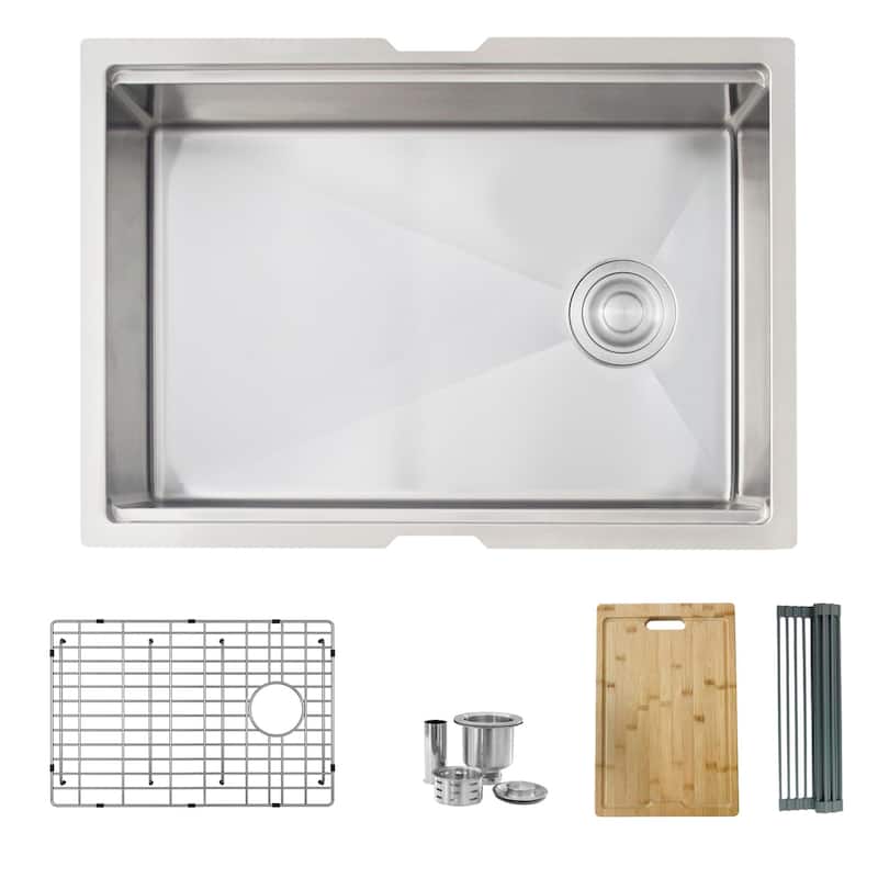 STYLISH 27 inches Workstation Single Bowl Undermount 16 Gauge Stainless Steel Kitchen Sink with Built in Accessories Handmade