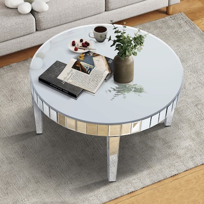 Dazzling Round Coffee Table with Starburst Mirror Mosaic Design, Glass Top for Living Room, Luxury Sofa Center Table