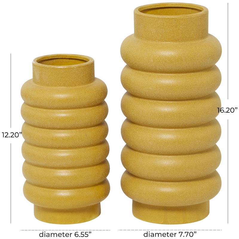 Ceramic Decorative Vase with Ring Ribbing - Set of 2 White, Yellow, Dark Blue - CosmoLiving by Cosmopolitan