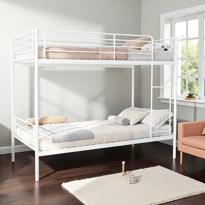 Twin Over Twin Metal Bunk Bed with Ladder, High Guardrails, Convertible to Two Beds, Noise-Free Frame & Storage Space