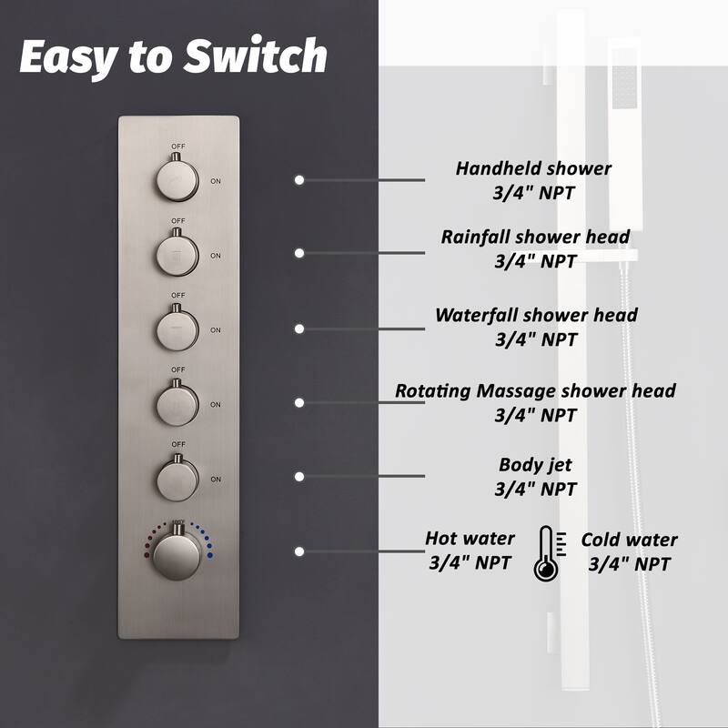 Luxury 5-Spray Patterns 28 in. Ceiling Mount Shower System with Handheld Shower Head, 3 Body Jets, LED, and Music - 16" x 28"