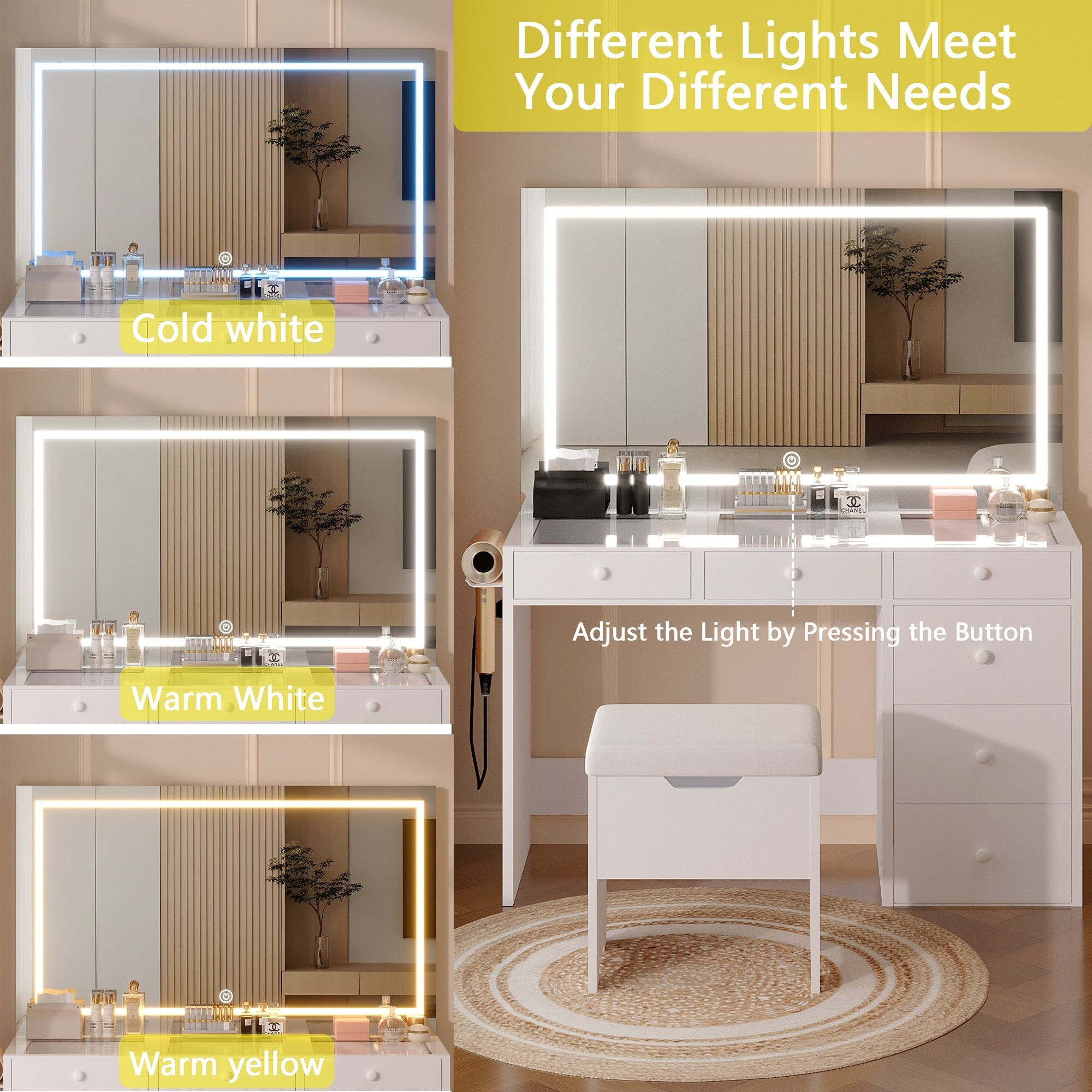 Javlergo Vanity Desk Set with LED Lighted Mirror & Power Javlergo Vanity Desk Set with LED Lighted Mirror & Power