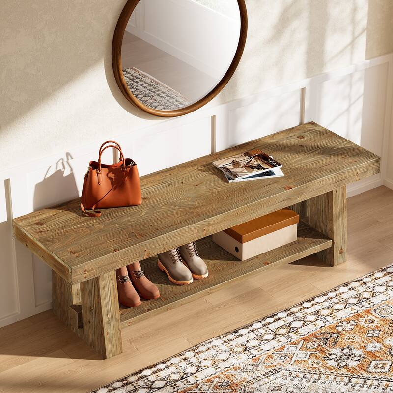 2-Tier Solid Wood Entryway Bench with Shelves, Dining Bed End Accent Seat for Dining Room Living Room Hallway Bedroom