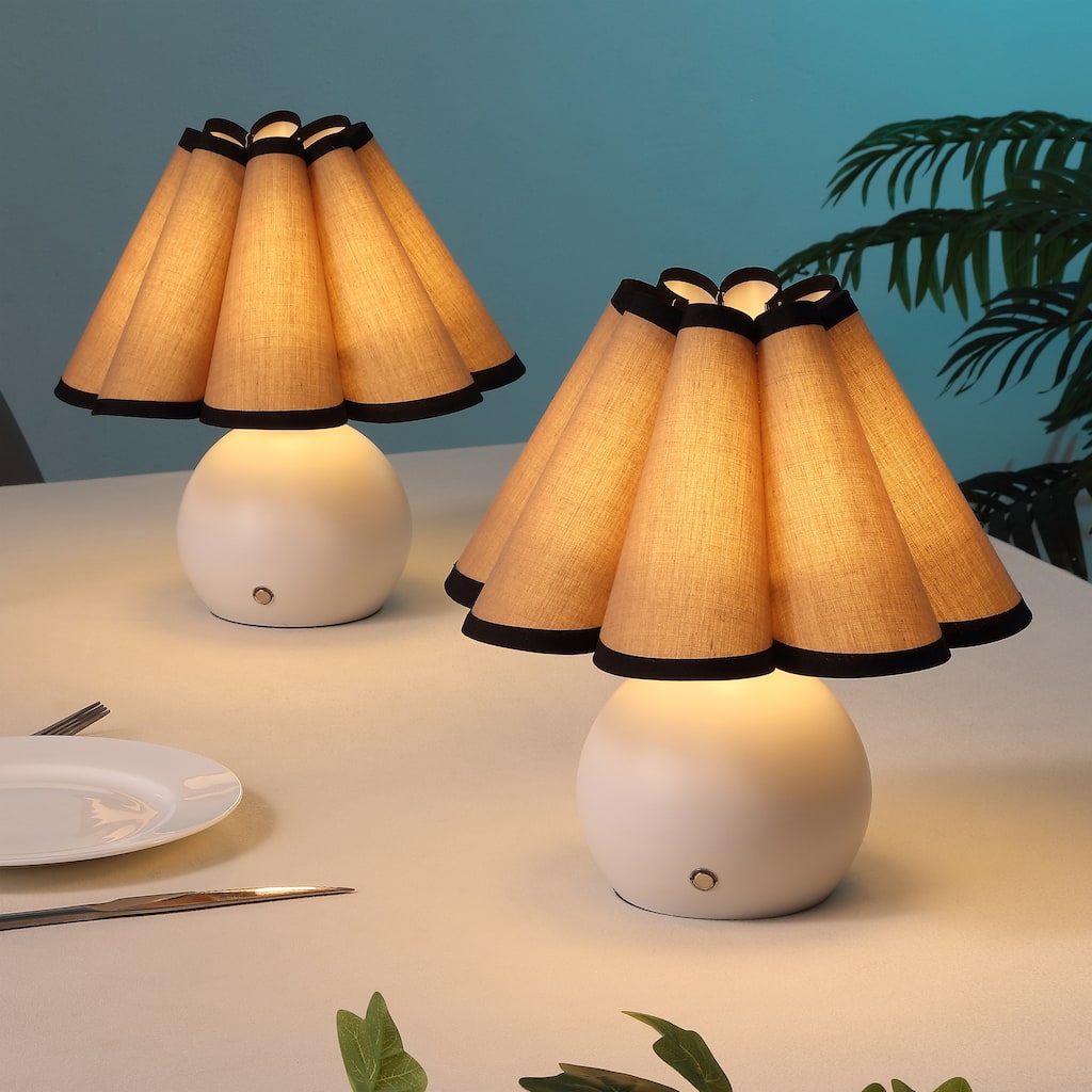10.5" Cordless LED Dimmable Table Lamps, (Set of 2) - Vintage Scalloped Shade, By JONATHAN Y