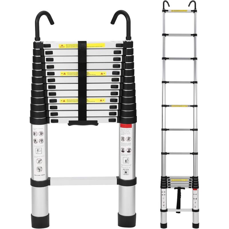 Aluminum Telescoping Ladder, Collapsible Extension Ladder for Home RV Outdoor Work - 12.5FT (with Hooks)