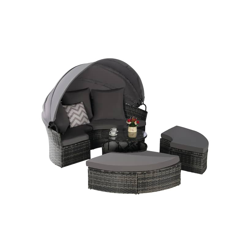 Outdoor Rattan Daybed Round Sunbed with Retractable Canopy, 5 Piece Sectional Patio Conversation Set with Storable Table