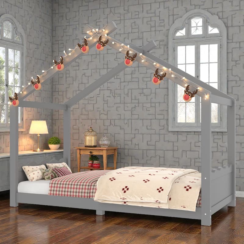 Kids Solid Wood House Floor Bed with Support Slats, Montessori Low Profile Bed, No Box Spring Needed