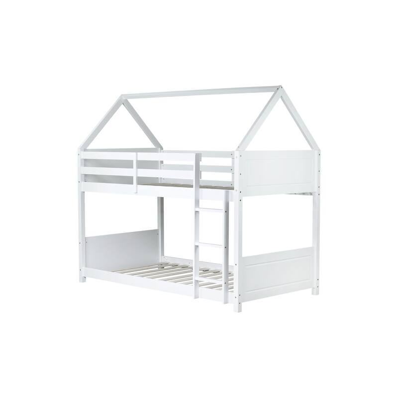 Twin Over Twin House Floor Bunk Bed with Headboards, Footboards, Guardrails, and Ladder, White