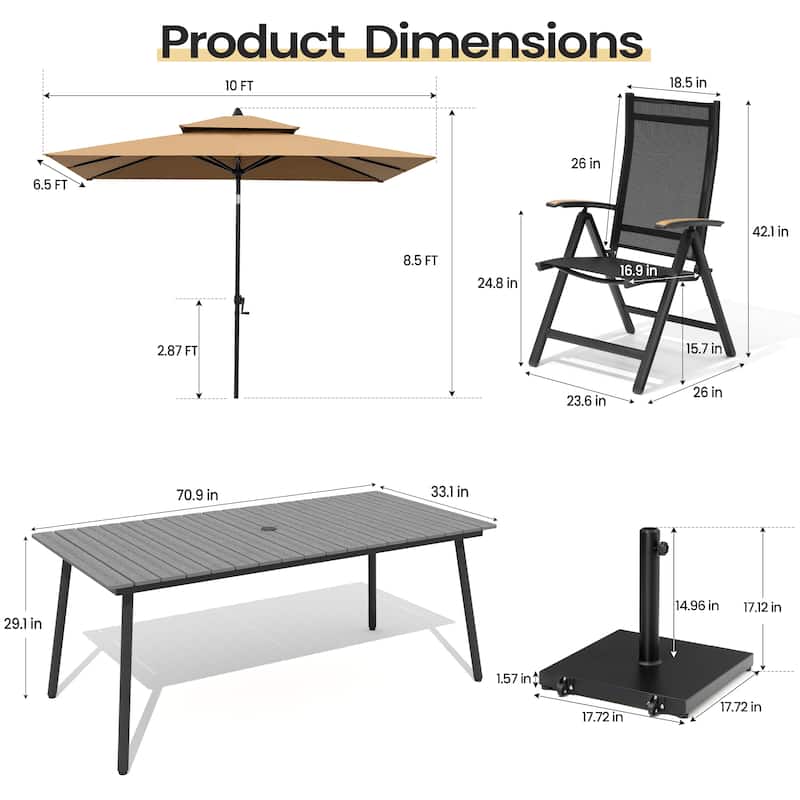 9PC Outdoor Patio Dining Set WoodLike Aluminum Umbrella Hole Table with Folding Chairs,Double Top Market Umbrella and Wheel Base