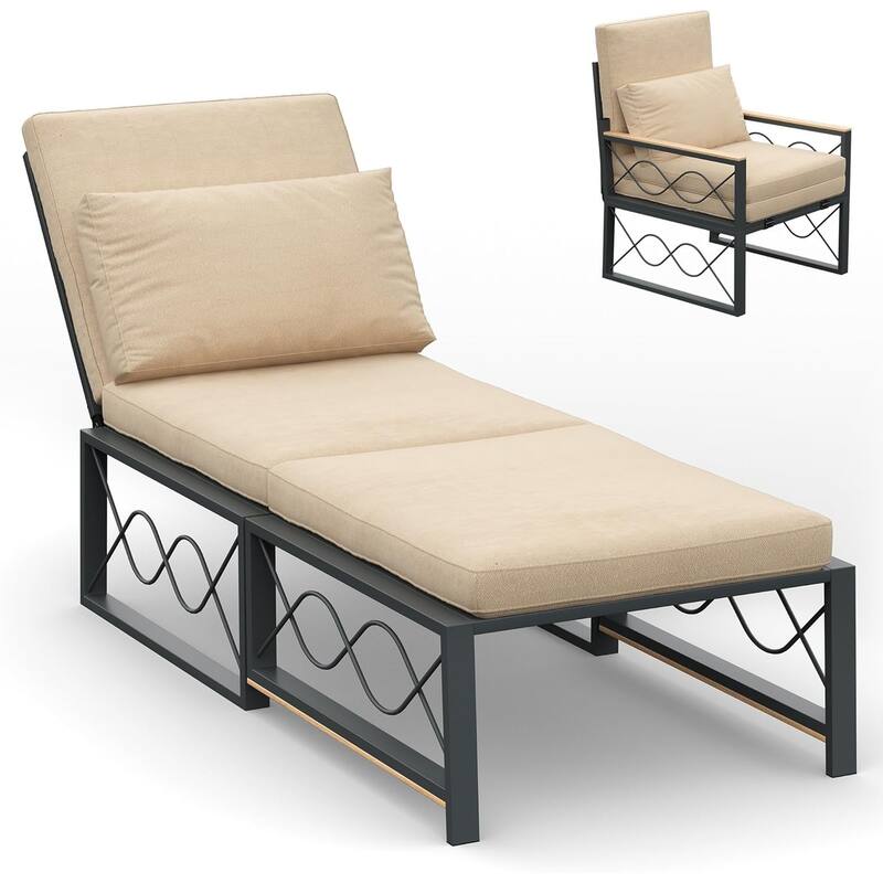 AECOJOY Outdoor Metal Chaise Lounge Chair, Convertible Patio Armchair with Cushions, Adjustable 5-Position Sun Recliner - Beige