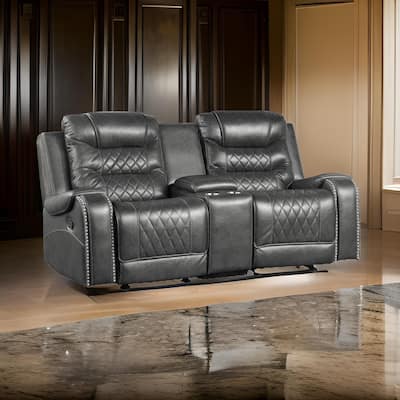Paul 78 Inch Manual Recliner Loveseat, Cupholder Console Gray Faux Leather