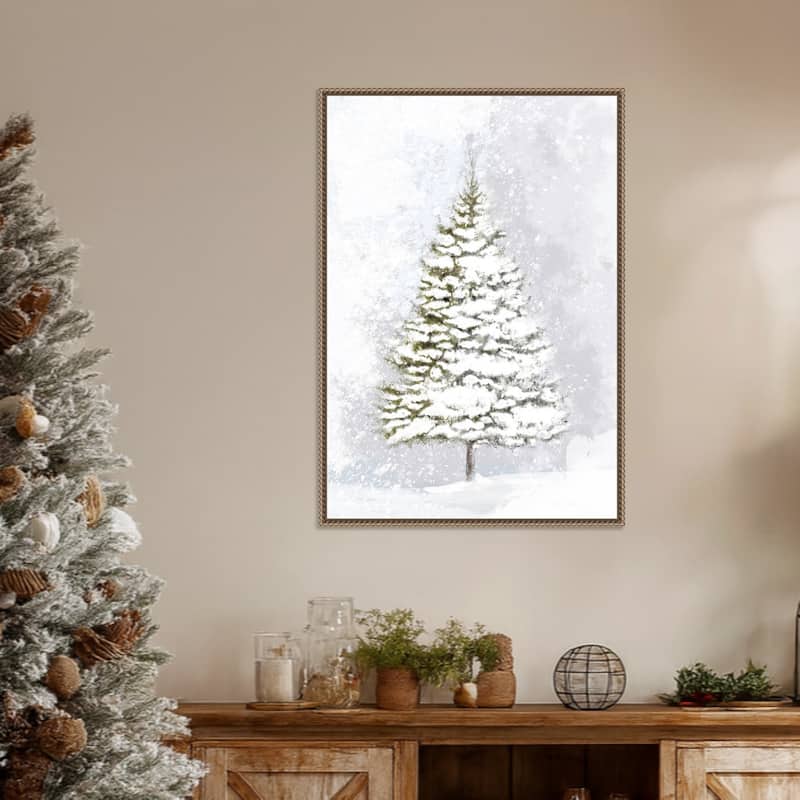 Lone fir in the snow by Rosana Laiz Blursbyai Framed Canvas Wall Art Print - Sylvie Beaded Dark Gold