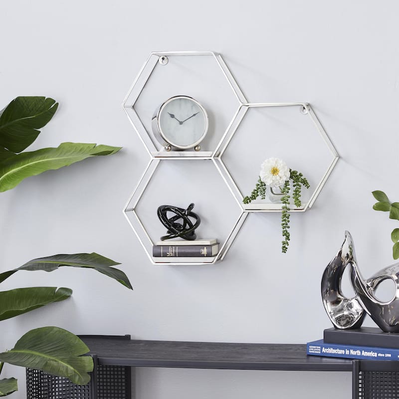 Metal Geometric Hexagon Wall Shelf with 3 Marble Shelves - Gold or Silver - Roche River Decor
