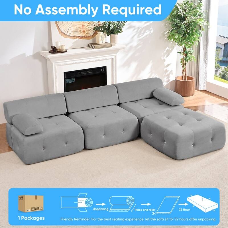 Mixoy 100inch Modular Sectional Sofa with Ottoman,Velvet 3-Seater L-Shaped Couch for Living Room - 100.4"w x 66.9"D x 24.8"H