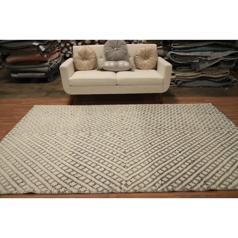 Hand Knotted Oriental 100% Wool Carpet Modern Geometric Beige & Ivories Modern Gotti Design Area Rug - 9' 2'' X 5' 11''