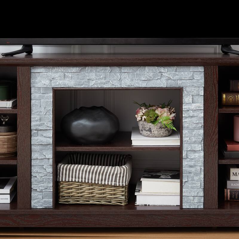 58 Inch Mantel Stone TV Stand for TVs up to 65 Inch, Media Console with Faux Stacked Stone Surround and Open Storage