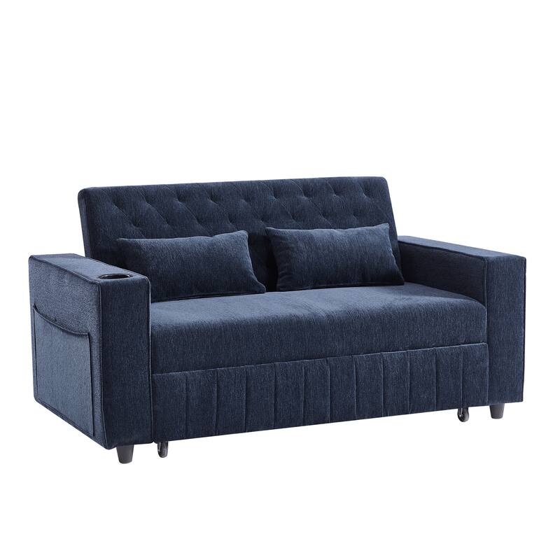 61.41" Chenille Convertible Sofa Bed with Adjustable Backrest, USB & Cup Holders
