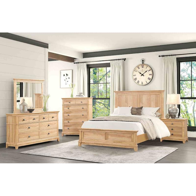 Farmhouse Natural Oak Finish Bedroom Set Bed Nightstand Dresser Mirror Chest