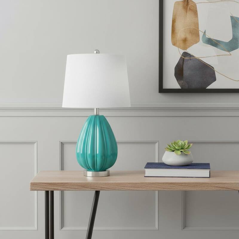 HomeRoots 23" Teal Blue And Silver Glass And Metal Novelty Table Lamp With White Drum Shade - 13.00 in. x 23.25 in. x 13.00 in.