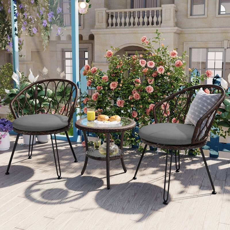 All Weather Outdoor Leisure Conversation Set, PE Rattan Single Chairs Set of 2 with A Glass Round Table