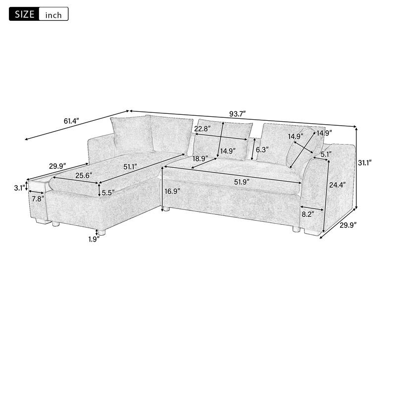 Chenille Sectional Sofa L-shaped Sofa with Wooden Storage Compartment, Tufted Couch Upholstered Sofa Couch with Pillows