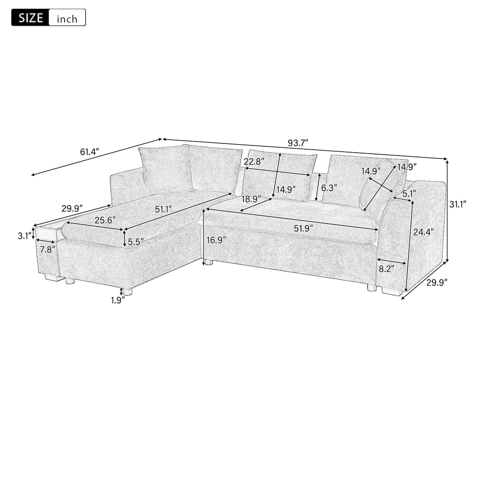 L-Shaped Sectional Sofa with Chaise Lounge, Chenille Upholstered Sleeper Couch with Wooden Storage Compartment & Throw Pillows