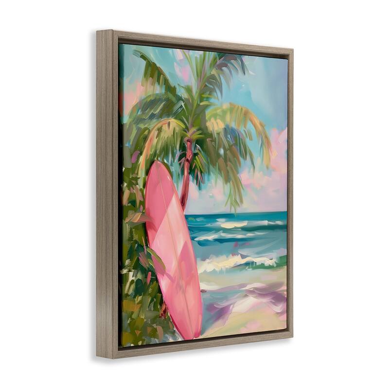 Stupell Pink Surfboard on Beach Framed Floater Canvas Wall Art Design By Arlington Prints