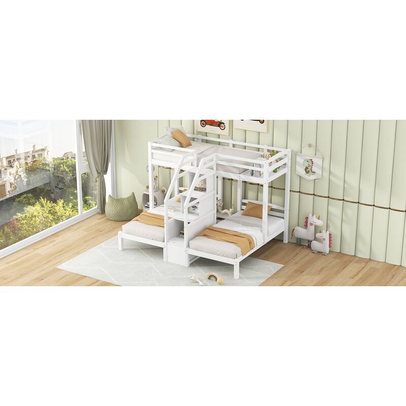 Roomfitters Twin Over Twin and Twin Triple Bunk Bed with Storage Staircase and Drawer, White
