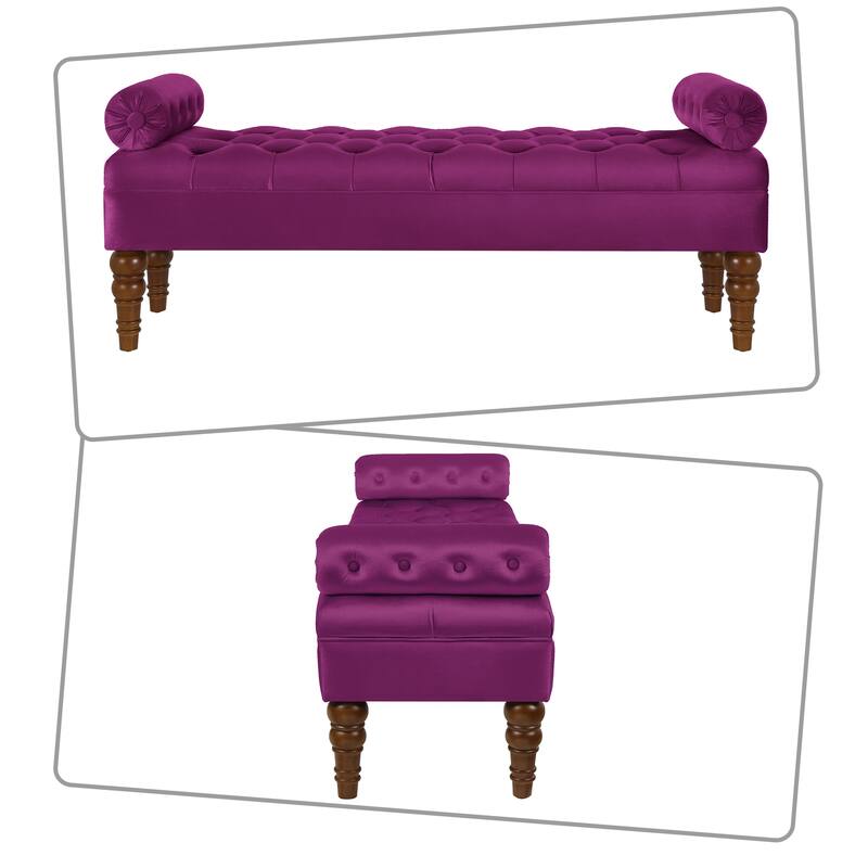 Modern luxury style tufted upholstered bench with pillow style armrests and wooden legs