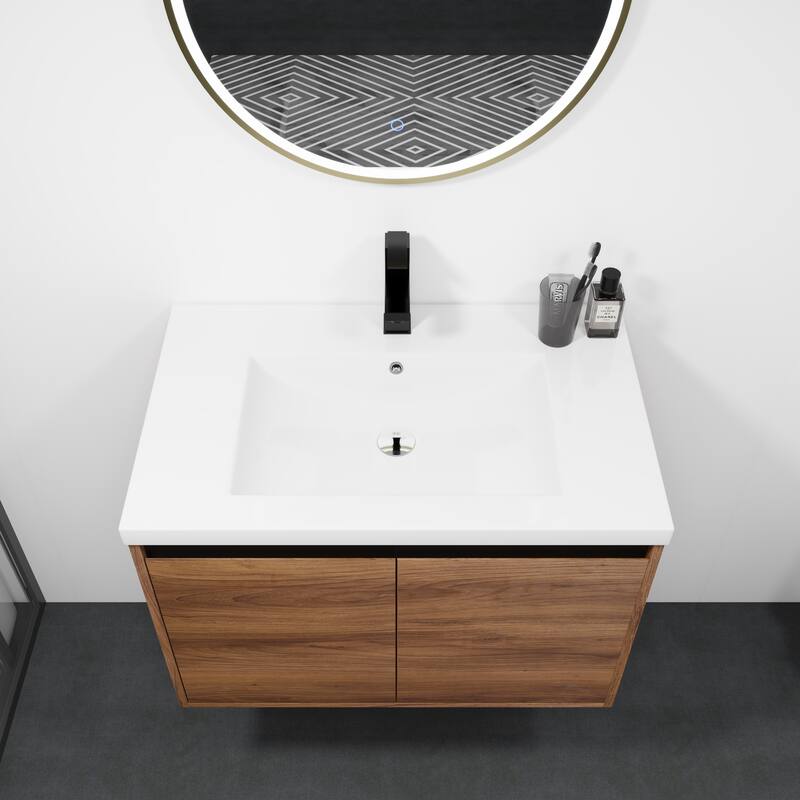 Fully Assembled Black 30 Inch Bathroom Vanity with Ceramic Countertop Sink, Oak 2 Doors Bathroom Cabinet Set