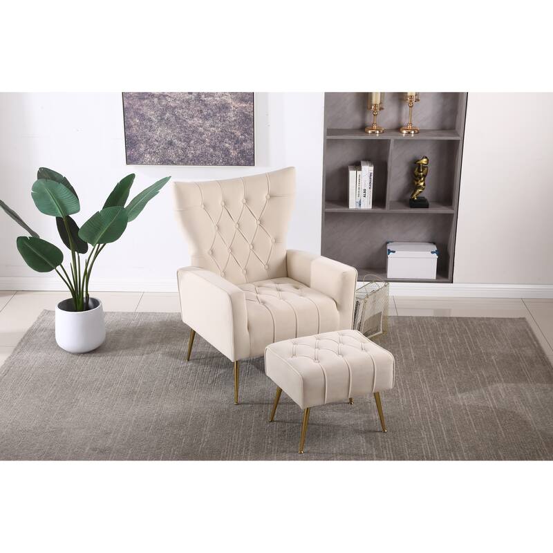 Beige Modern 31.5" Velvet Upholstered Buttons Tufted Arm Chair with Ottoman and Iron Legs