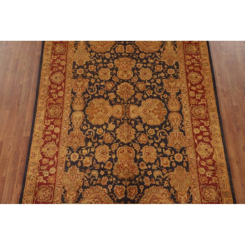 Navy Blue Floral Agra Oriental Area Rug Hand-Knotted Wool Carpet - 5'11" x 8'11"
