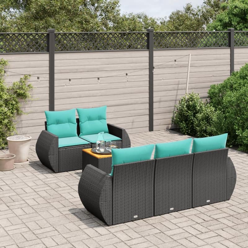 vidaXL 6 Piece Patio Sofa Set with Cushions Black Poly Rattan - 21.7" x 24.4" x 27.2"
