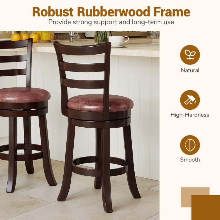 Set of 2 Cappuccino Rubber Wood MDF Swivel Bar Stools with Faux Leather and Footrest