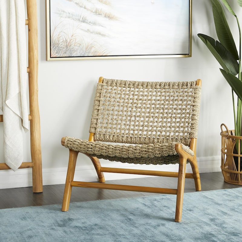 Teak Wood Handmade Accent Chair with Woven Cane Seat - Light Brown - Roche River Decor