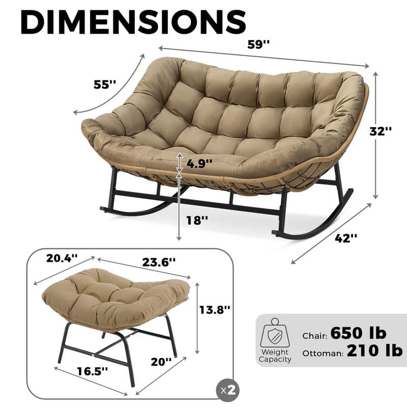 60" Double Papasan Rocking Chair for 2, 700-lb Capacity Wicker Egg Rocker with 5.1" Thick Cushion