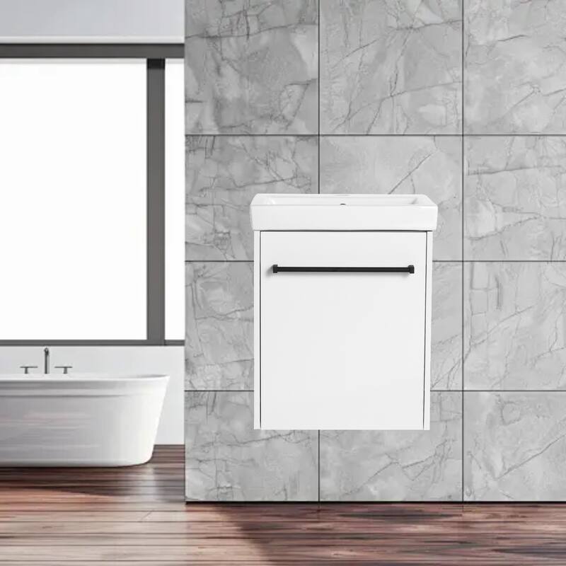Compact 18'' Floating Bathroom Vanity with Ceramic Sink & Soft-Close Cabinet, Modern Design - Glossy White
