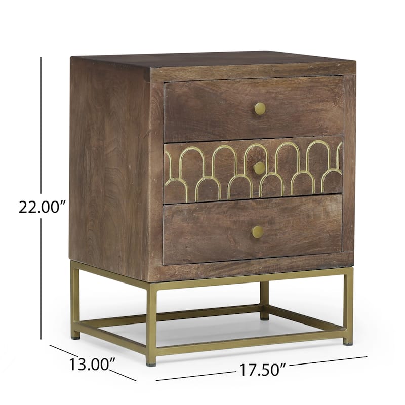 Contemporary Mango Wood Nightstand, Mid-Century Modern Design, Gold Accents, Durable Iron Frame, 3 Drawers