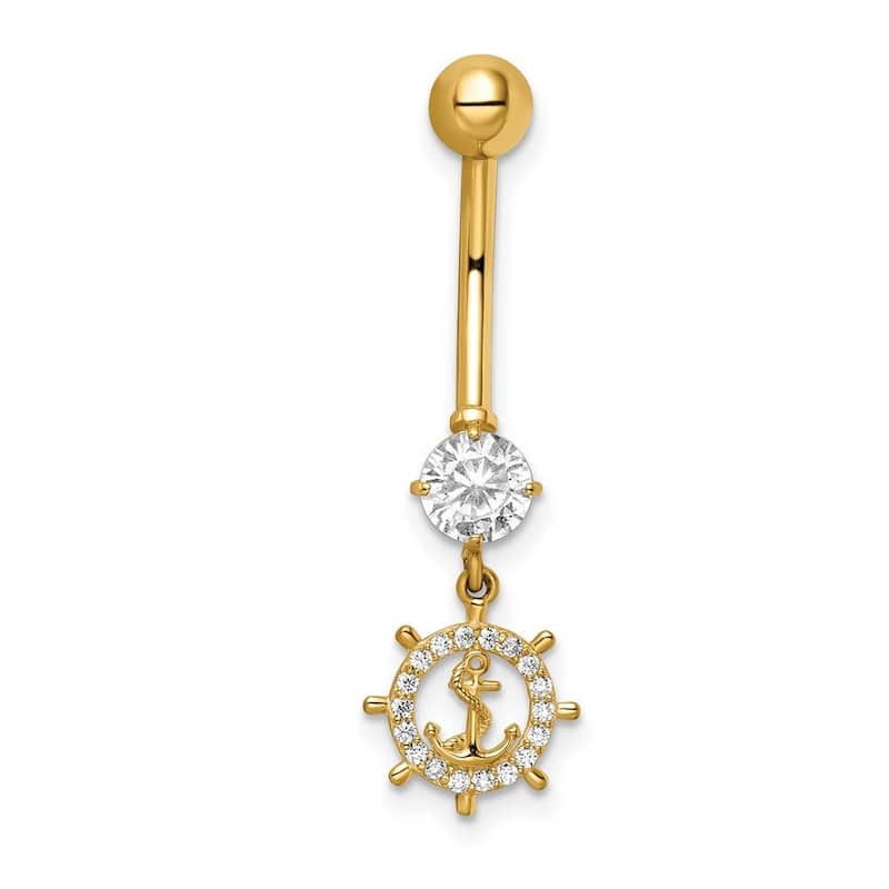 Curata 14k Yellow Gold 14g CZ Simulated Diamond Ship Wheel and Anchor Dangle Belly Ring