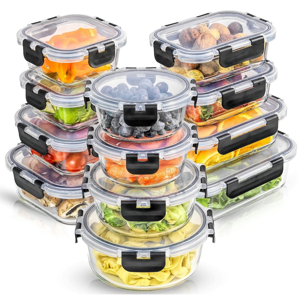 24pc(12 Airtight, Freezer Safe Food Storage Containers and 12 Lids),Pantry Kitchen Storage Containers, Glass Meal Prep Container