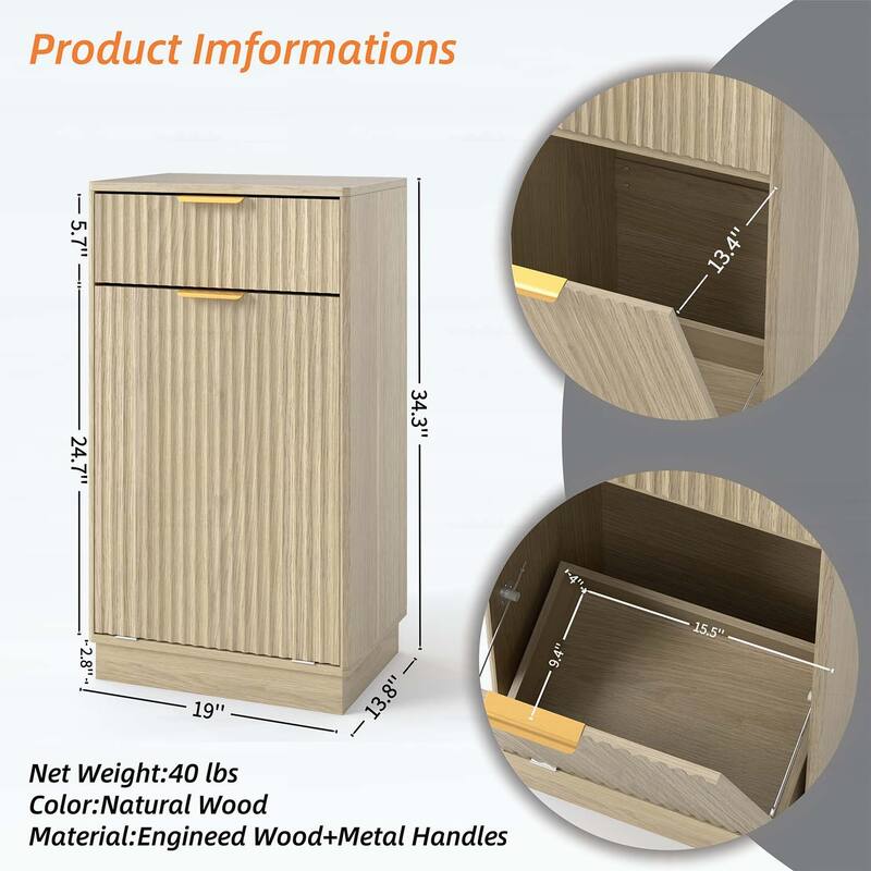Wood Tilt-Out Trash Can Cabinet with Wave-Textured Hideaway Drawer and Pull-Out Bin,