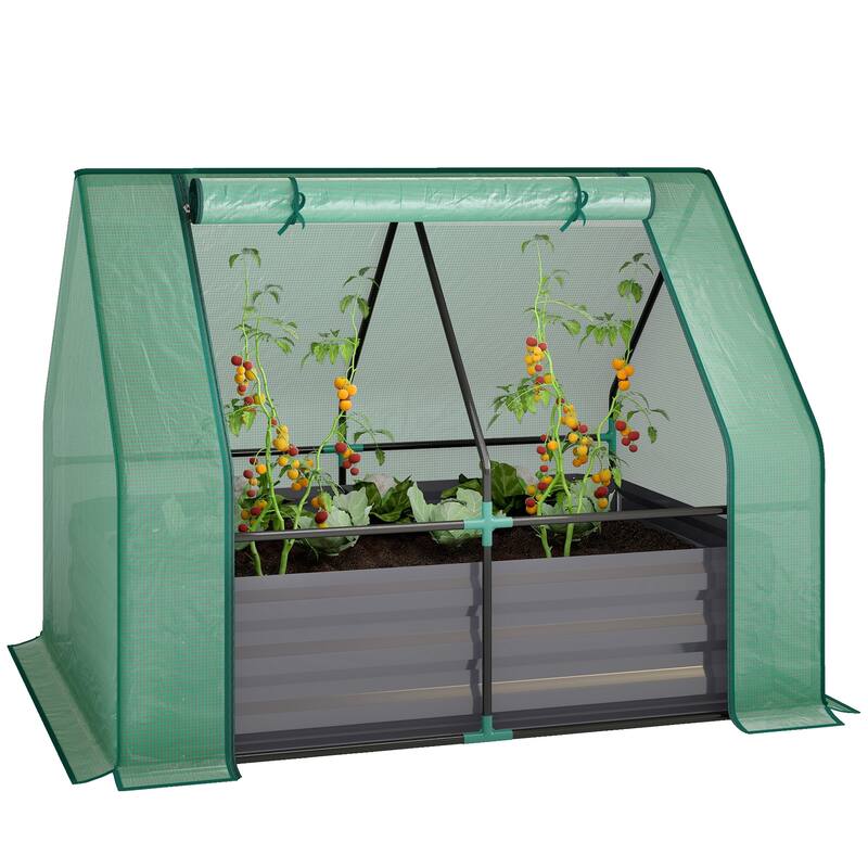 Outsunny 4 x 3 x 1ft Raised Garden Bed with Mini Greenhouse, Galvanized Raised Garden Bed with Cover for Herbs and Vegetables