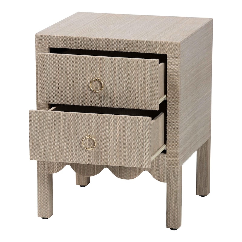 Juniper Grasscloth Nightstand with Scalloped Base - Woven Texture 2-Drawer Bedside Table with Gold Ring Pulls