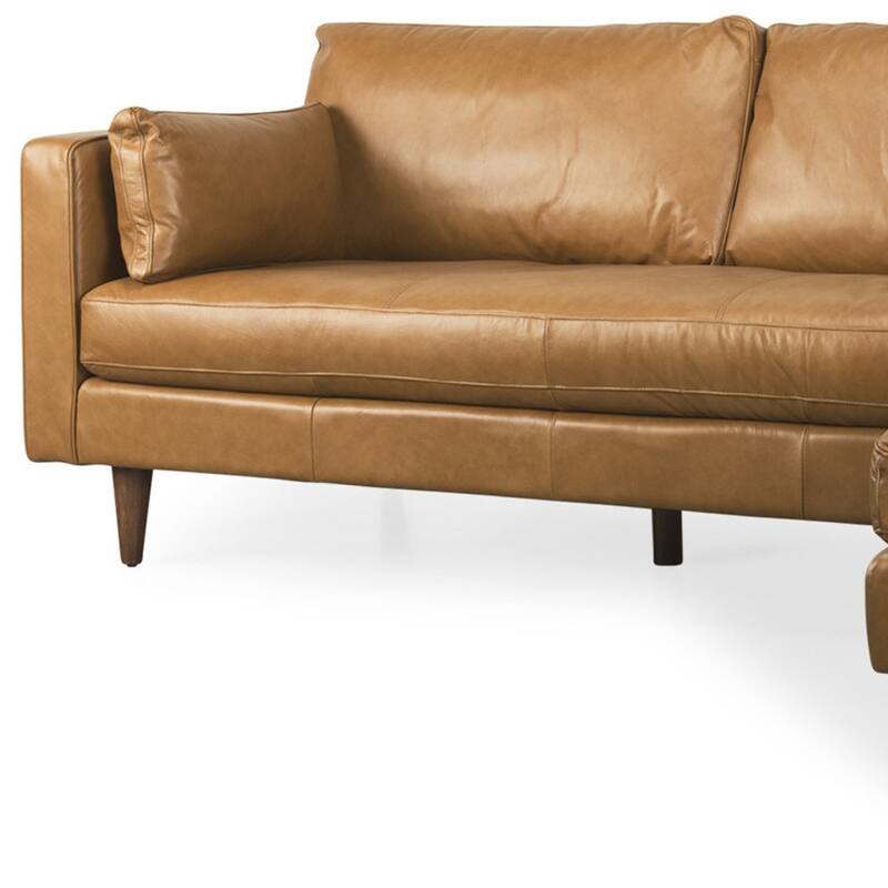 HomeRoots Tan Genuine Leather L Shaped Sofa and Chaise Sectional With Toss Pillows