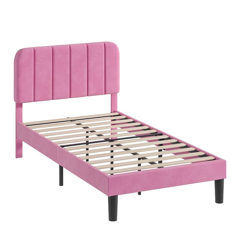 VECELO Velvet Upholstered Bed Frame with Vertical Channel Tufted Headboard, Adjustable Headboard, Wooden Slats Support