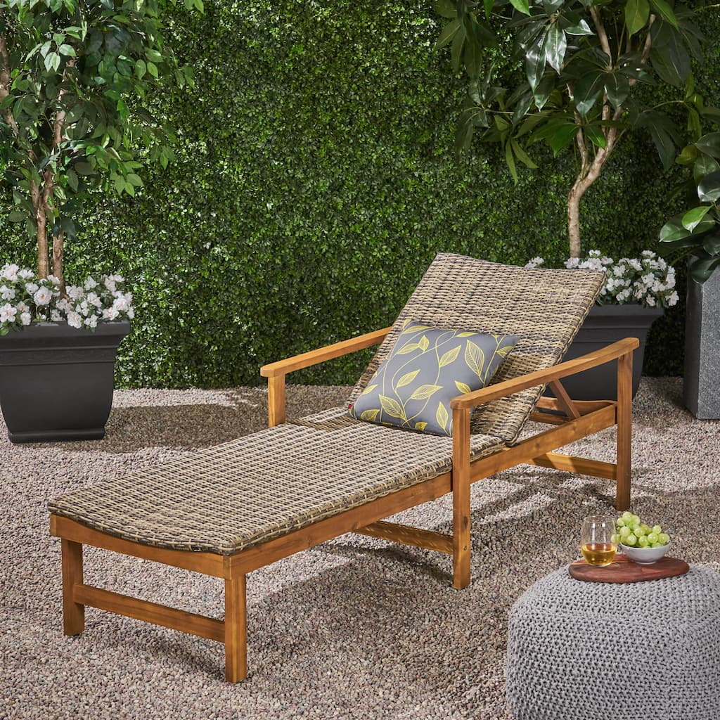 Roomfitters Wood and Wicker Chaise Lounge with Adjustable Backrest for Outdoor Sunbathing and Comfortable Patio Seating, Natural