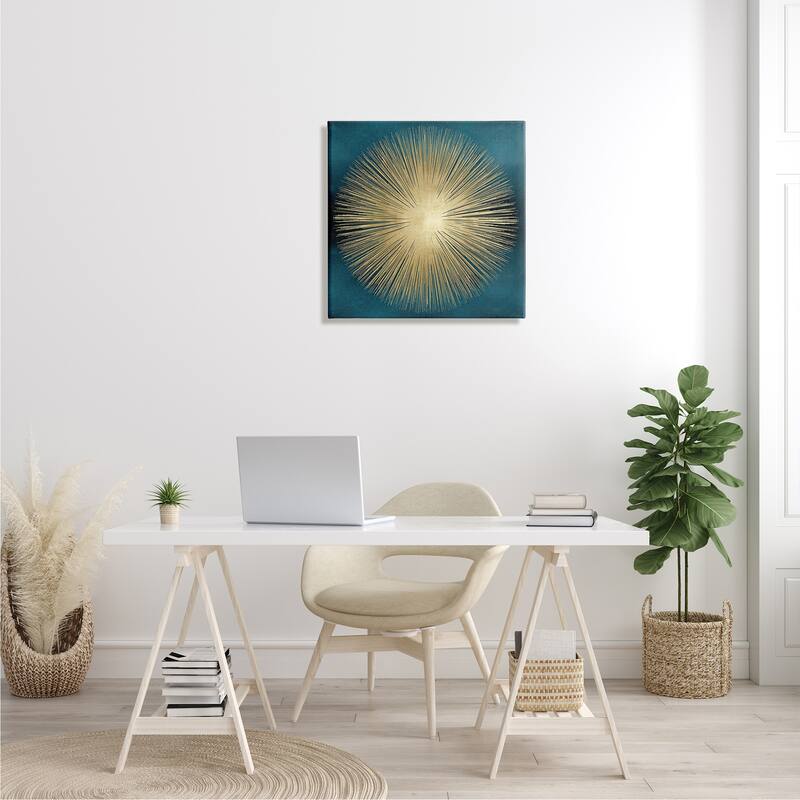 Stupell Abstract Deco Sunburst Shape Over Dark Blue Canvas Wall Art - Yellow