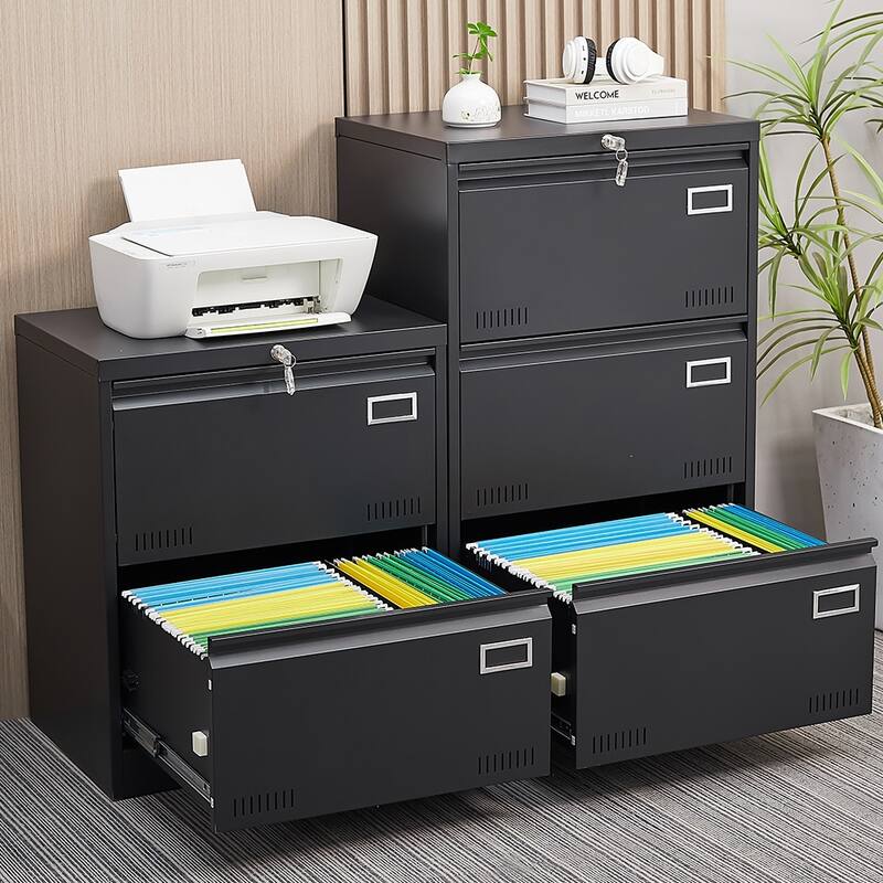 Modern Filing Cabinet Vertical Filing Cabinet, Metal Filing Cabinet with 2 Drawers and lock, for Home Office, Black